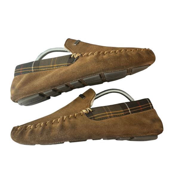 Barbour Slippers Men\'s Size 8 Monty Moccasin Tan Suede Tartan Shearling Lining main image 9